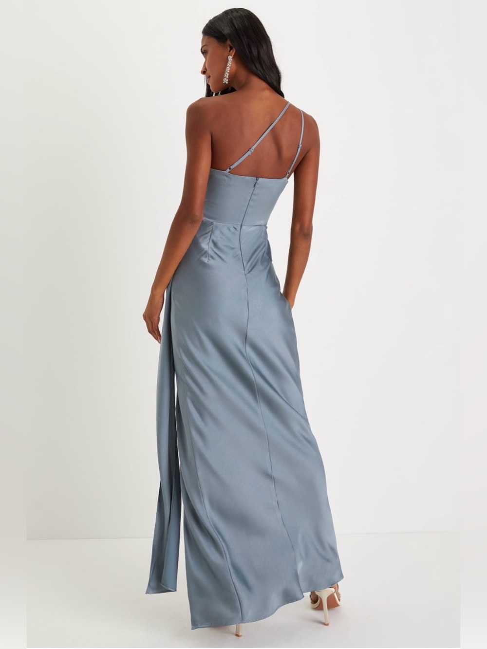 NWT Lulu's One-Shoulder Slate Blue Satin Gown with Slit XL - Picture 2 of 12